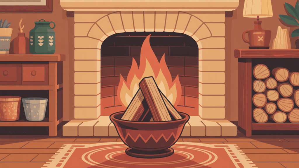tas de bûches albizia devant cheminée allumée, intérieur cosy