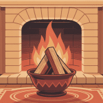 tas de bûches albizia devant cheminée allumée, intérieur cosy