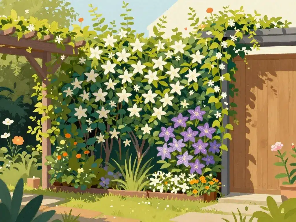 Jasmin étoilé brise-vue avec grimpantes et supports variés