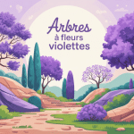 illustration stylisée arbres à fleurs violettes dans jardin