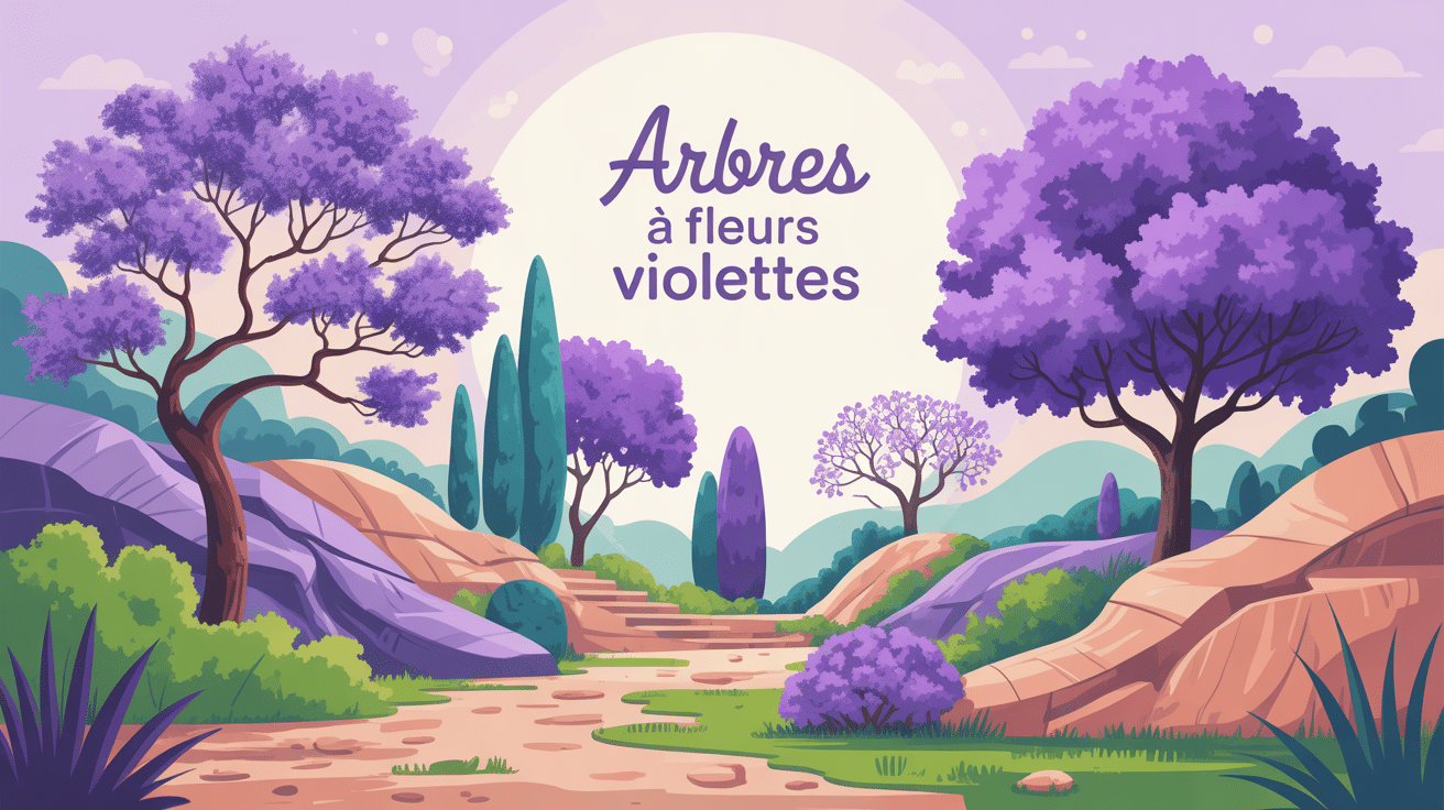 illustration stylisée arbres à fleurs violettes dans jardin