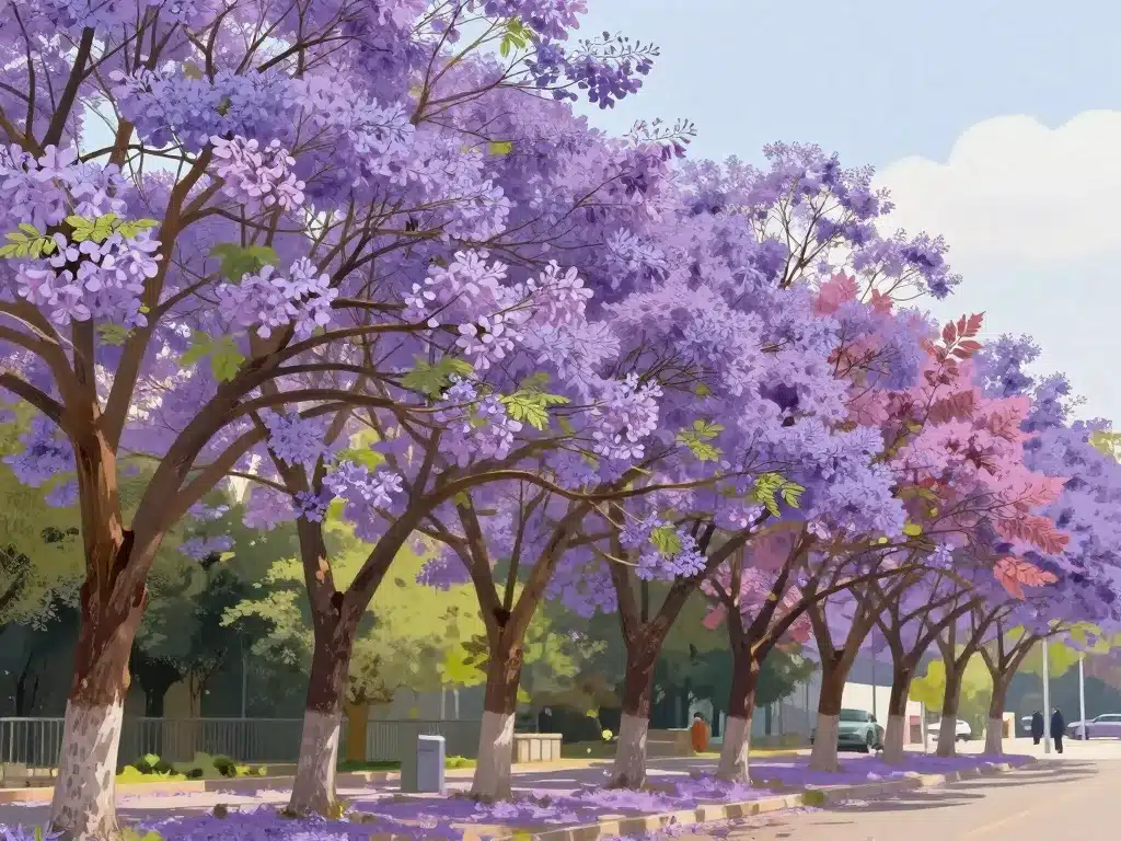 illustration arbres à fleurs violettes emblématiques en parc