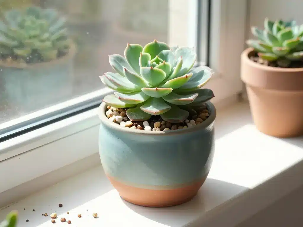 Scène echeveria nodulosa en pleine santé substrat minéral et lumière