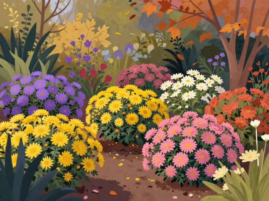 aster chrysanthème sédum fleurs en novembre