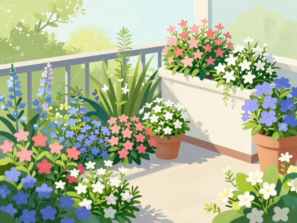 fleurs étoilées en jardin et pot sur balcon