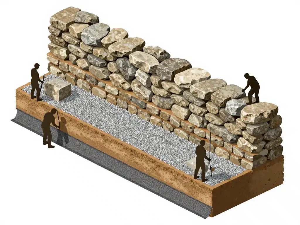 schéma pose pierre enrochement étapes chantier
