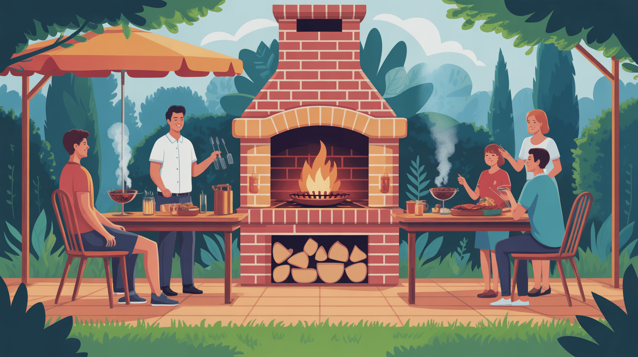 Plan pour construire un barbecue en briques avec cheminée vue d'ensemble au jardin