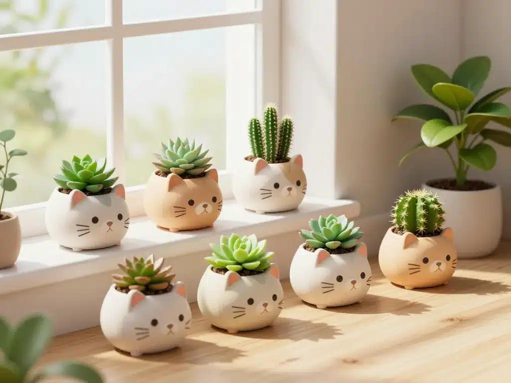 plantes tete de chat et pots dans intérieur lumineux