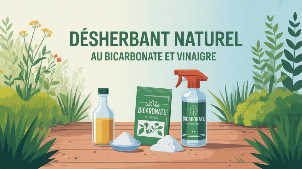 illustration recette désherbant naturel bicarbonate et vinaigre en pulvérisation sur allée
