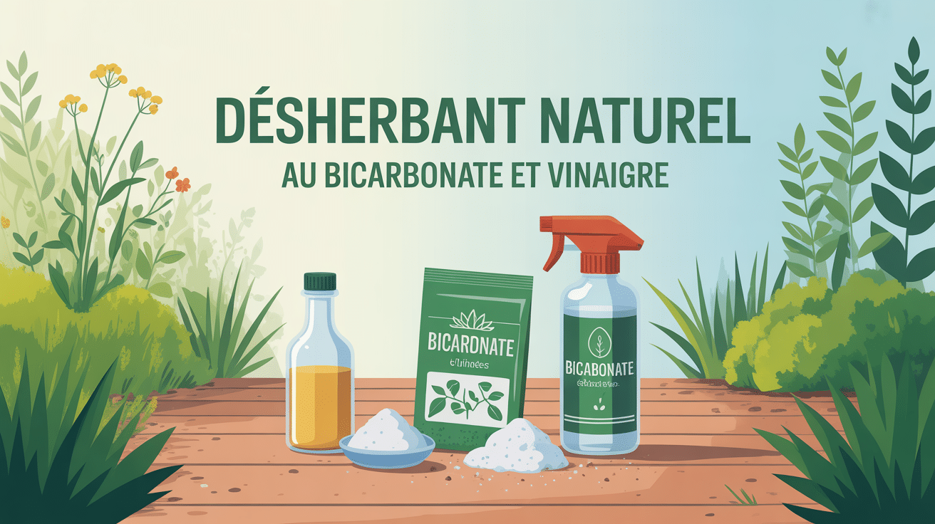 illustration recette désherbant naturel bicarbonate et vinaigre en pulvérisation sur allée