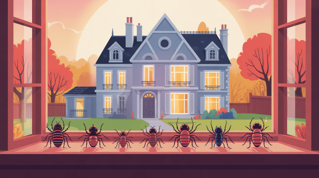 Illustration araignée rouge maison sur rebord de fenêtre