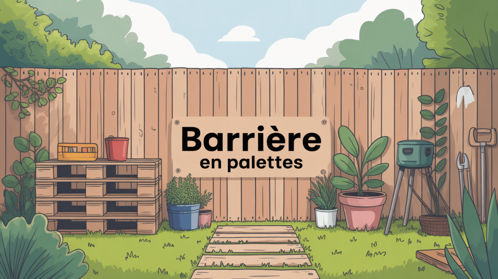 Barriere en palettes en bois dans jardin verdoyant