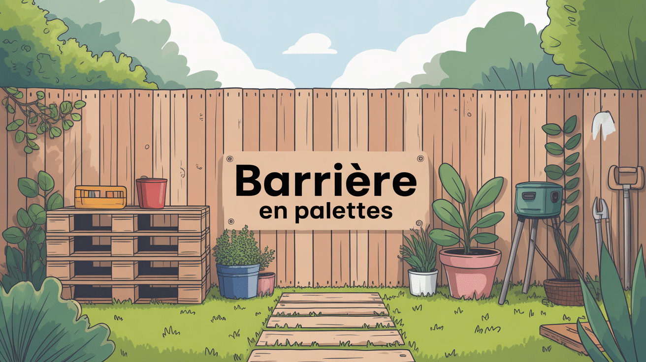 Barriere en palettes en bois dans jardin verdoyant