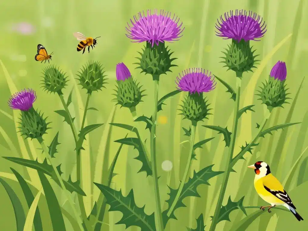 feuilles et fleurs de chardon sauvage avec insectes