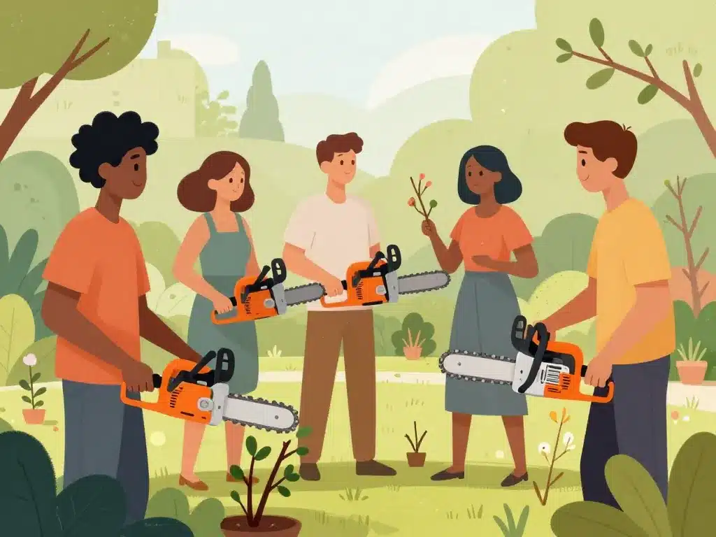 mini tronçonneuse batterie groupe de particuliers au jardin