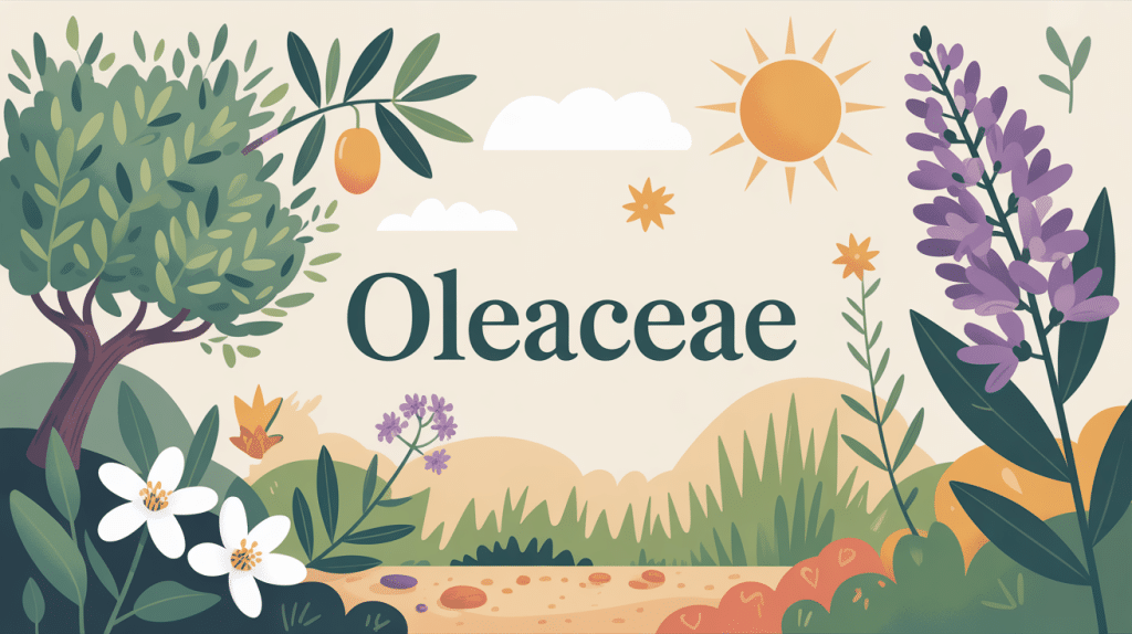 Illustration globale oleaceae family avec olivier, jasmin, lilas, frêne