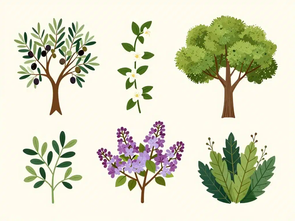 Oleaceae family lineup olivier jasmin lilas frêne troène