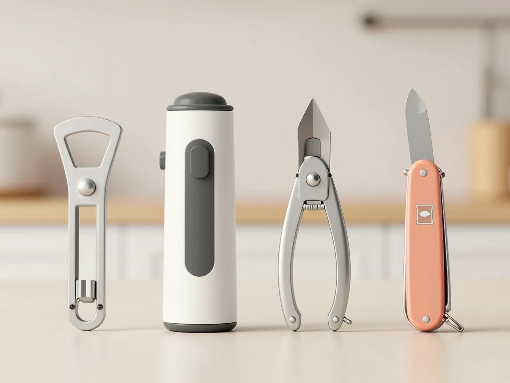 Différents ouvre-boîtes alignés sur une cuisine