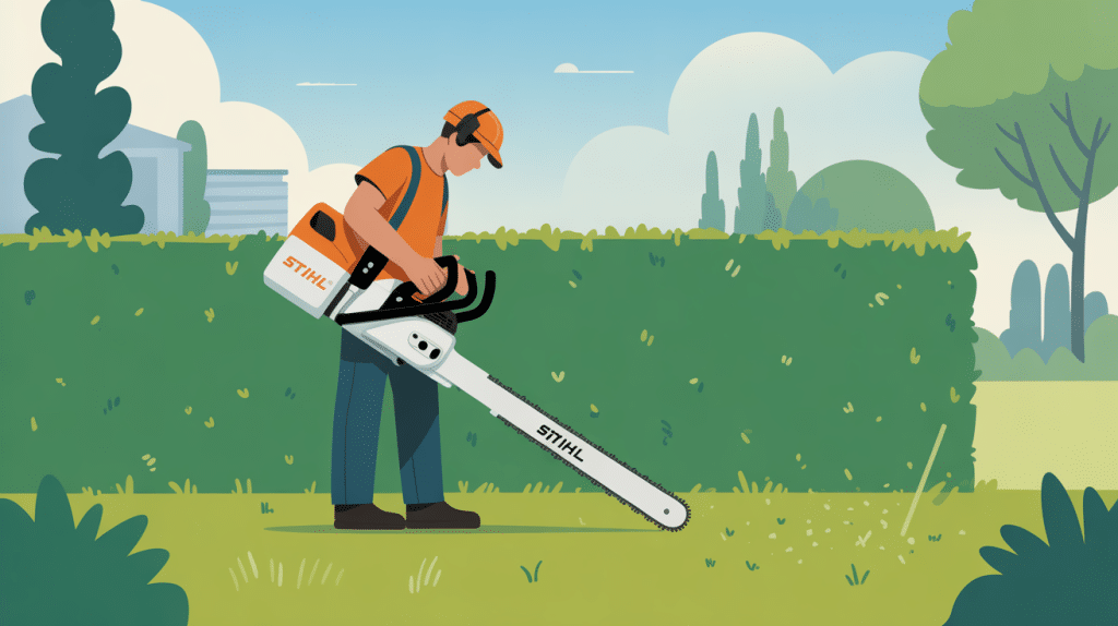 Illustration taille haiestihl en réglage devant une haie