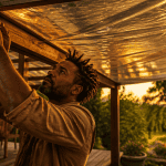 bache plastique sur pergola terrasse coucher de soleil