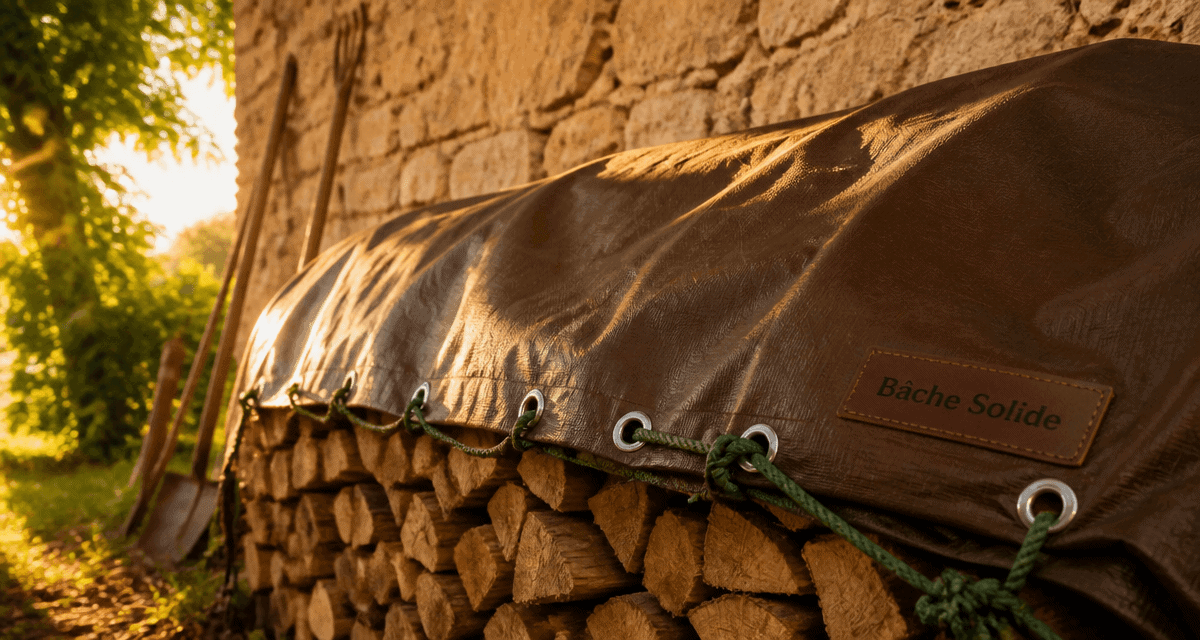 bache solide brune recouvrant bois avec fixation