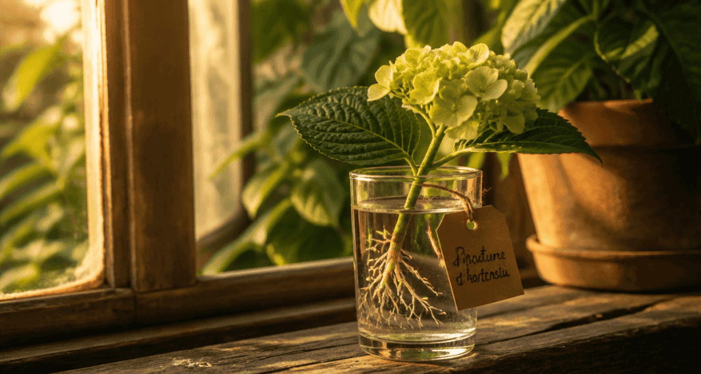 bouture hortensia dans l'eau racines visibles