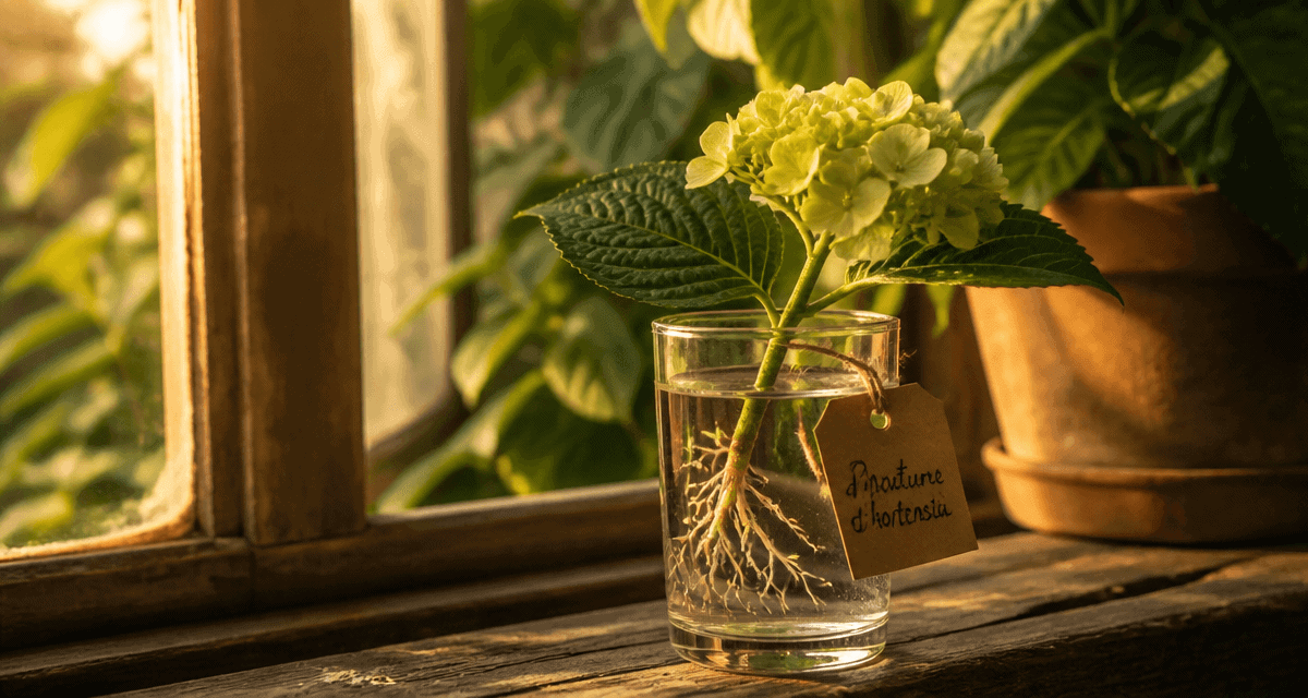 bouture hortensia dans l'eau racines visibles