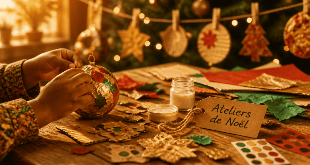 bricolage de noël pour petit de 2 ans sur table avec décorations