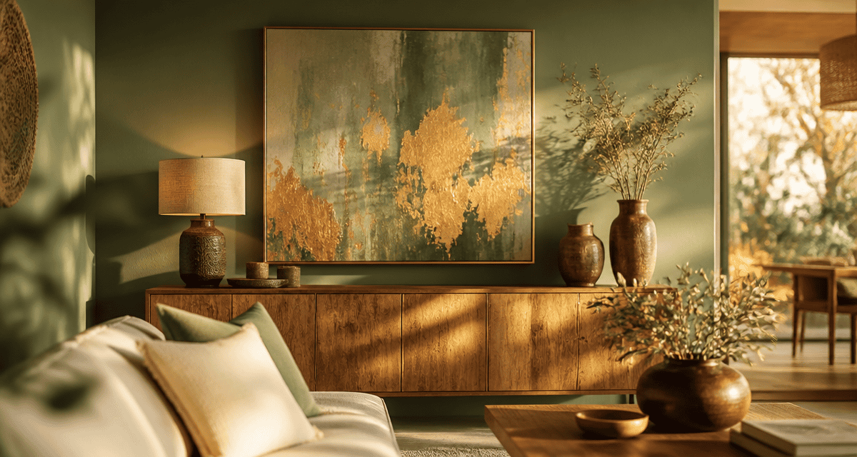 decoration murale vert sauge dans un salon moderne