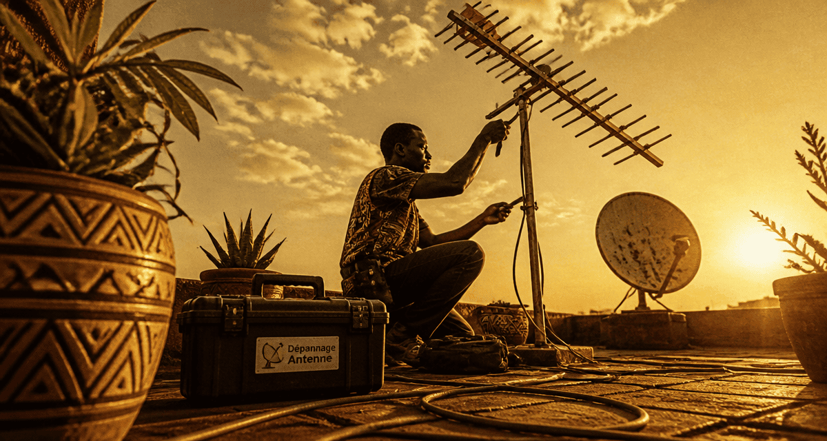 dépannage antenne tv technicien ajuste antenne sur toit