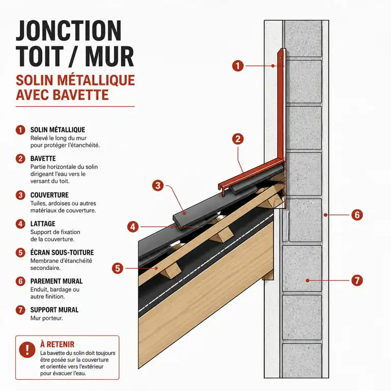 Schéma de l'étanchéité d'un toit contre un mur avec solin