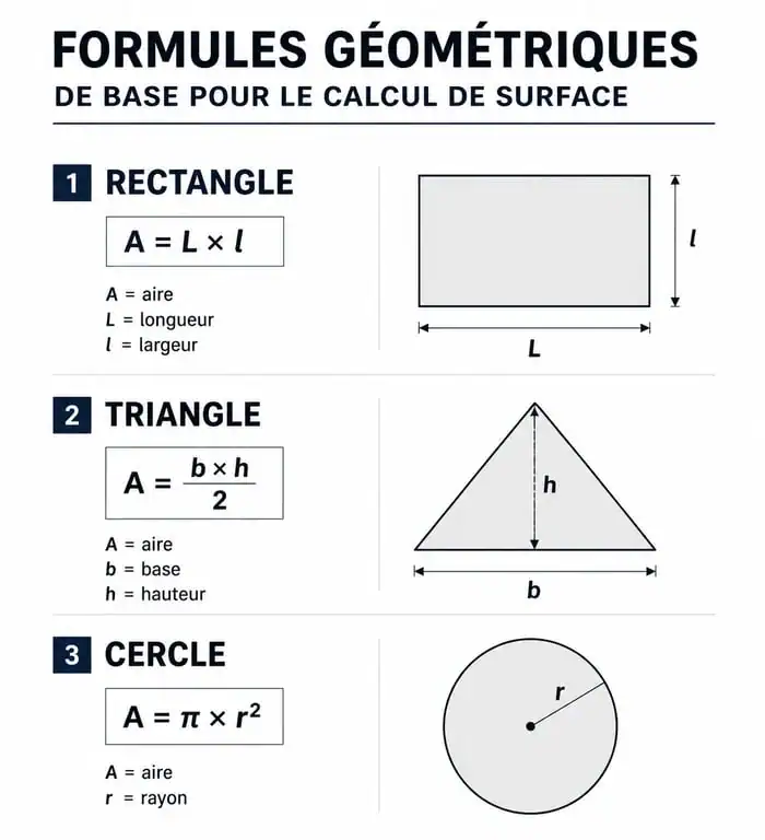 Infographie des formules géométriques pour calculer une surface en m2