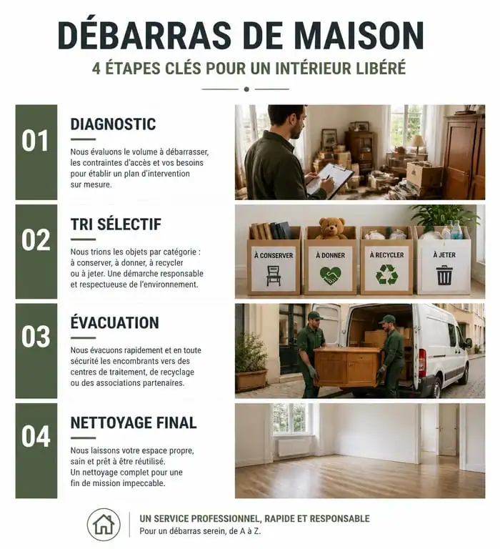 Infographie des étapes d'un vide maison au Mans : diagnostic, tri, évacuation et nettoyage