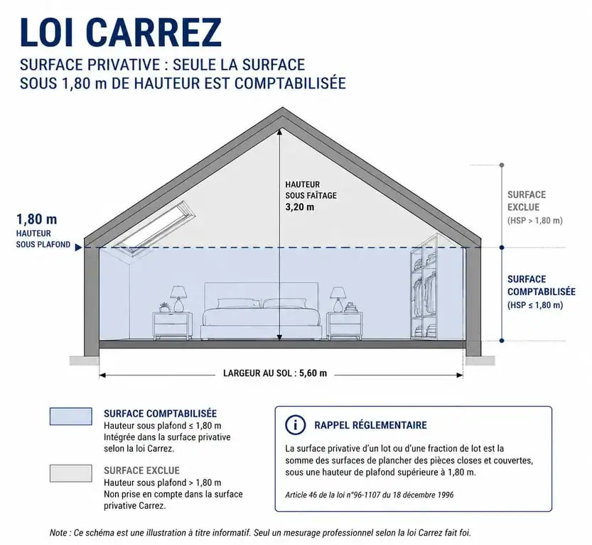 Schéma explicatif de la surface loi Carrez dans une chambre mansardée avec hauteur sous plafond