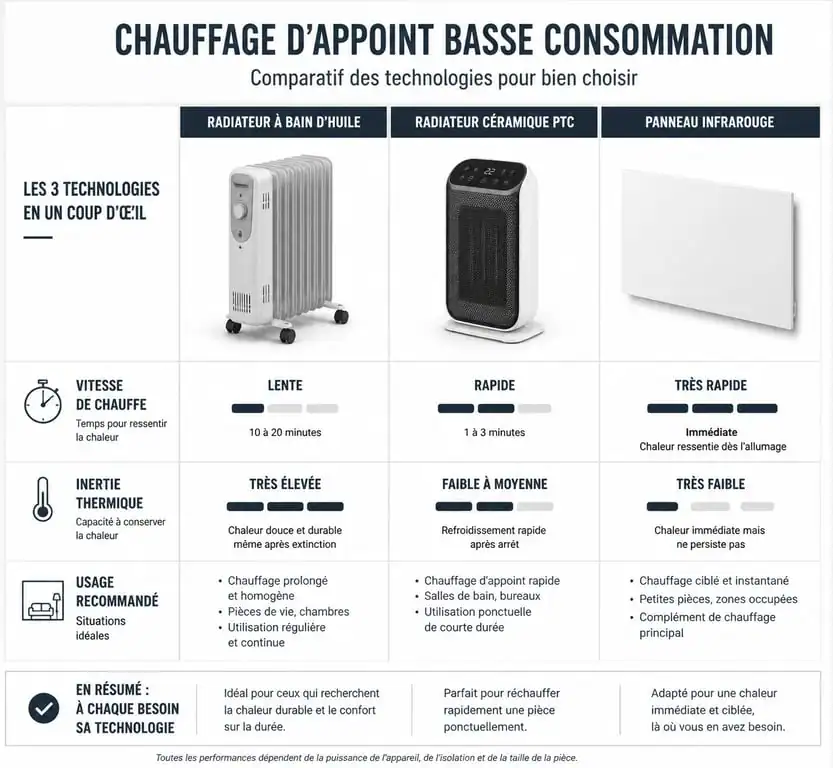 Infographie comparative des chauffages d'appoint basse consommation : bain d'huile, céramique et infrarouge.