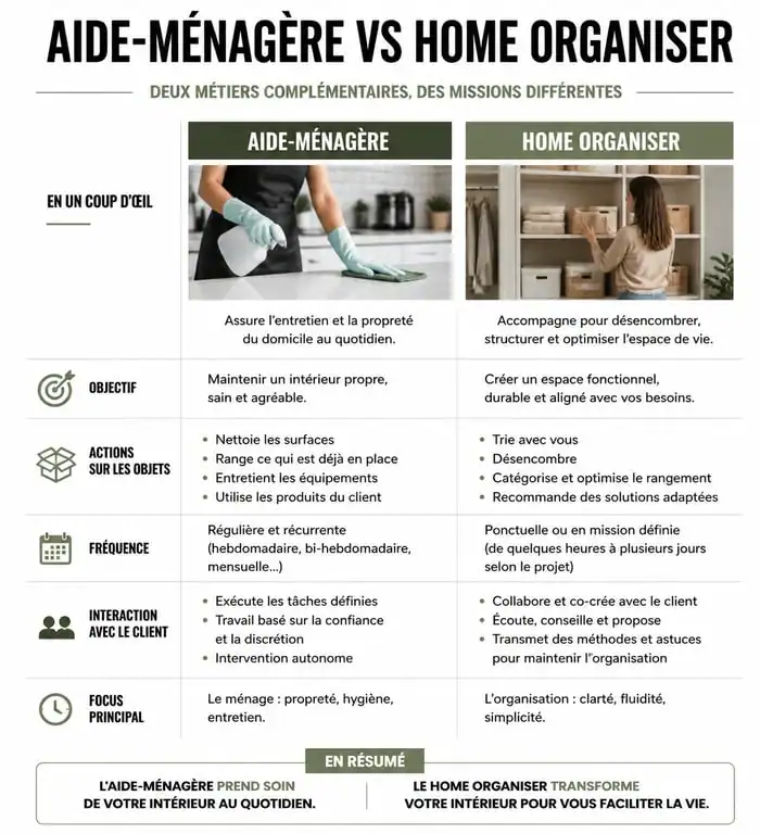 Infographie comparative entre aide-ménagère et home organiser pour aide rangement maison