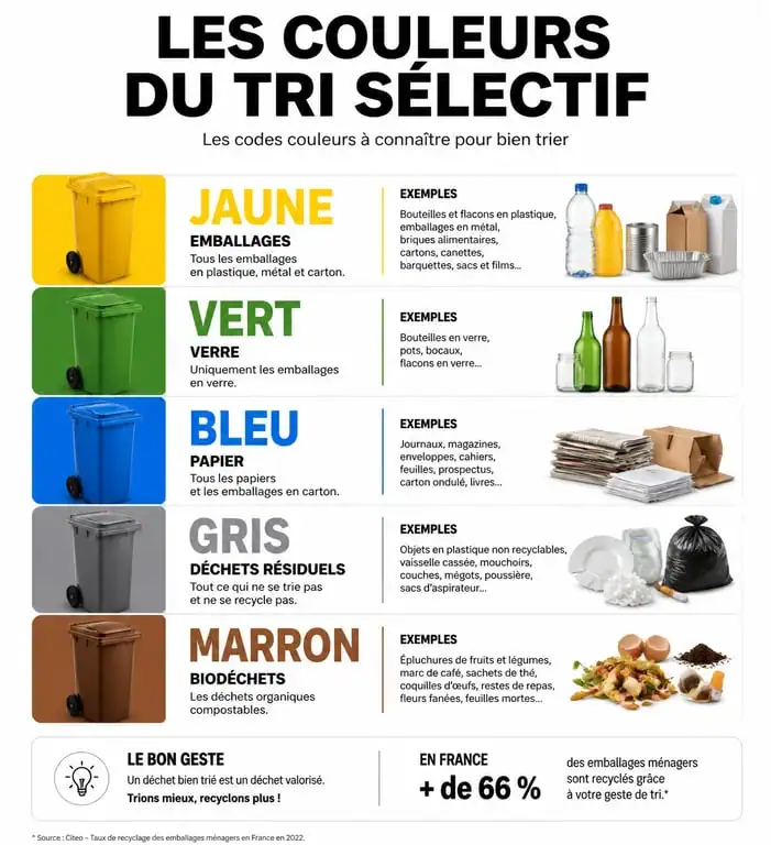 Infographie des couleurs des poubelles de tri sélectif en France