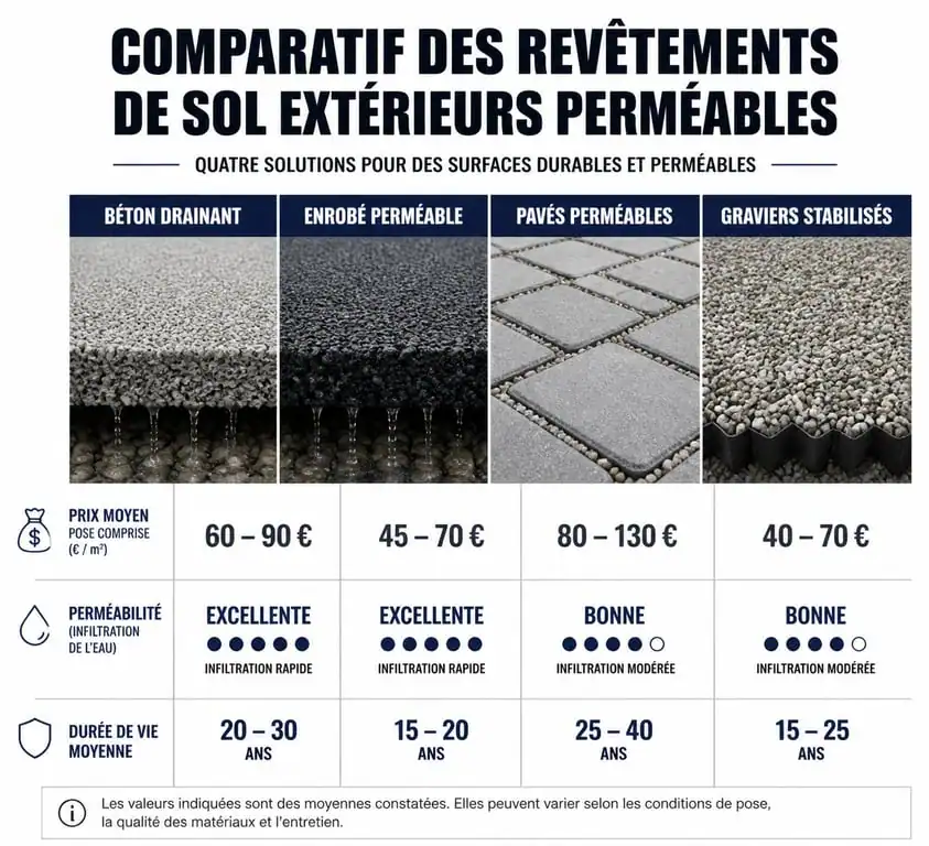 Comparatif des revêtements extérieurs : béton drainant, enrobé, pavés et graviers stabilisés