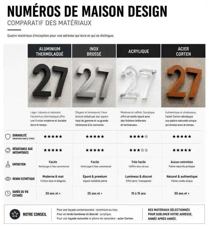Infographie comparative des matériaux pour numéro de maison design : aluminium, inox, acrylique et corten.