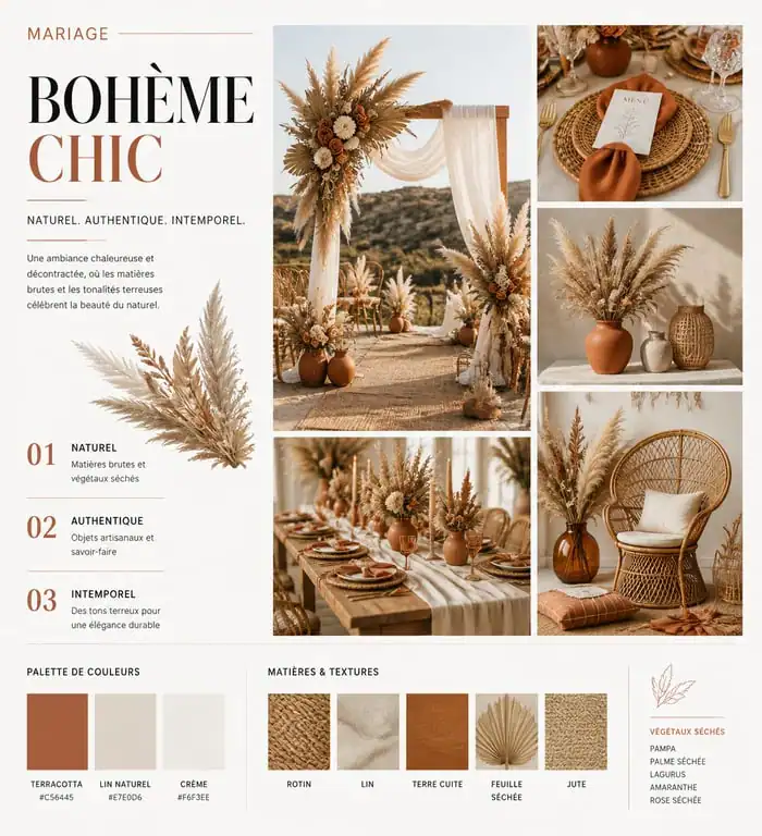 Inspiration décoration de mariage bohème chic avec tons terracotta et fleurs séchées