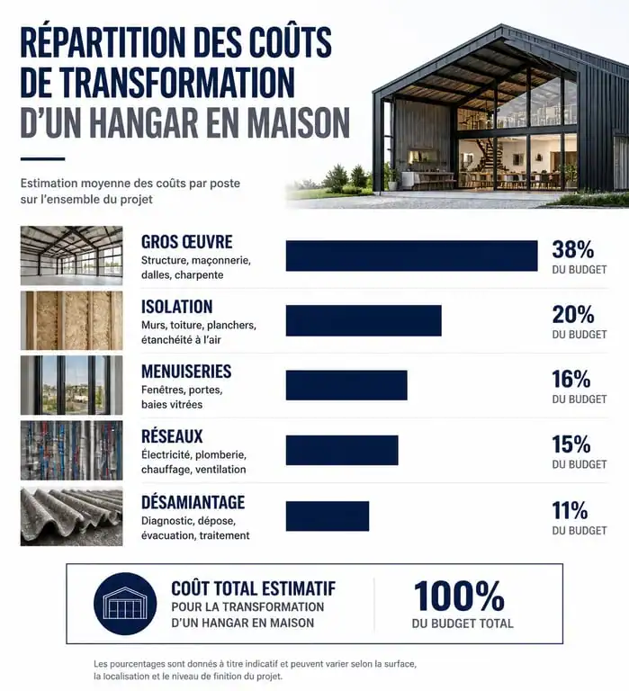 Infographie des coûts de transformation d'un hangar en maison