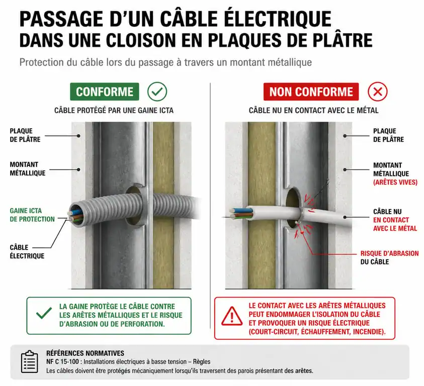 Schéma comparatif de conformité électrique pour passage de câble dans cloison placo