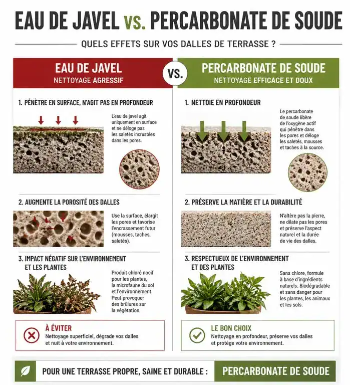 Infographie comparative : nettoyage dalle terrasse javel vs alternatives écologiques