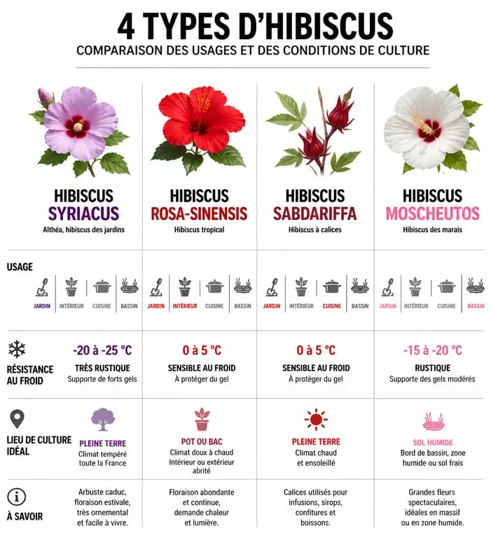 Tableau comparatif des variétés d'hibiscus pour aider à choisir la plante idéale à acheter selon ses besoins.