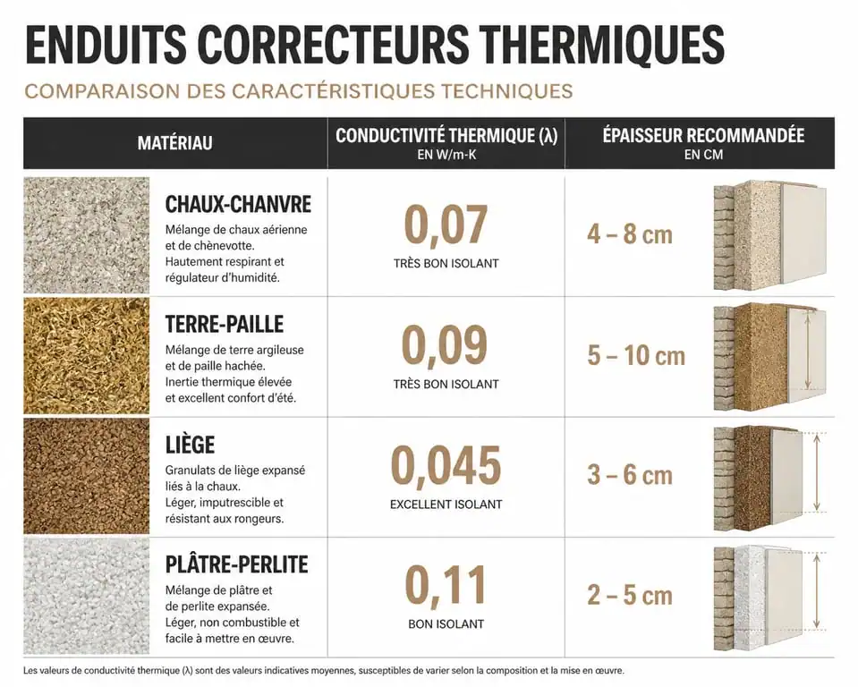 Tableau comparatif des performances des enduits correcteurs thermiques pour la rénovation