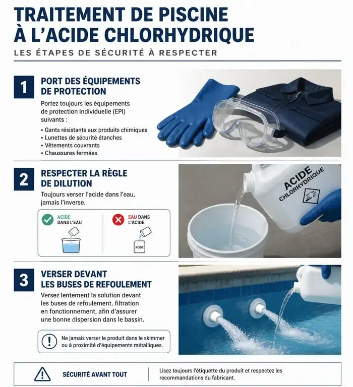 Infographie des étapes de sécurité pour le dosage d'acide chlorhydrique dans une piscine