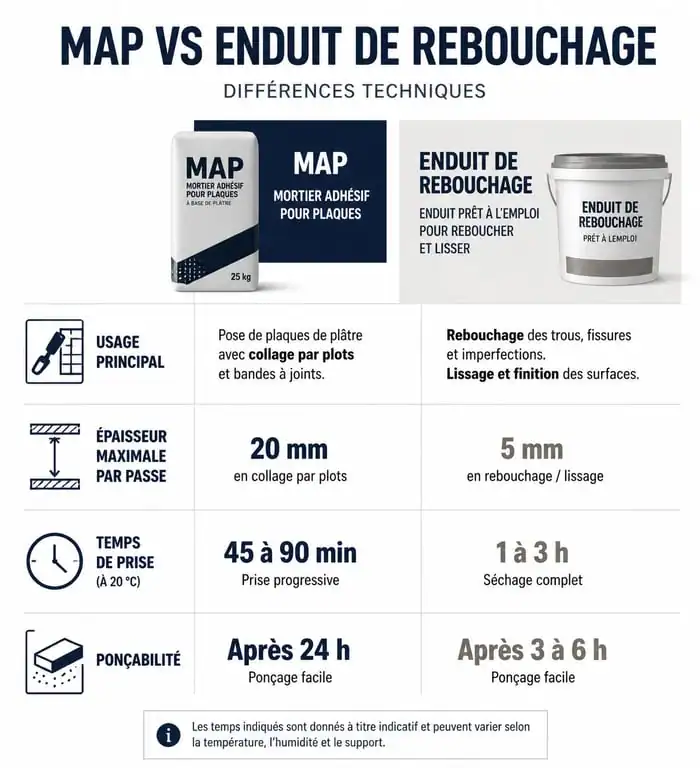 Tableau comparatif des usages et performances techniques du MAP et de l'enduit de rebouchage pour travaux de rénovation