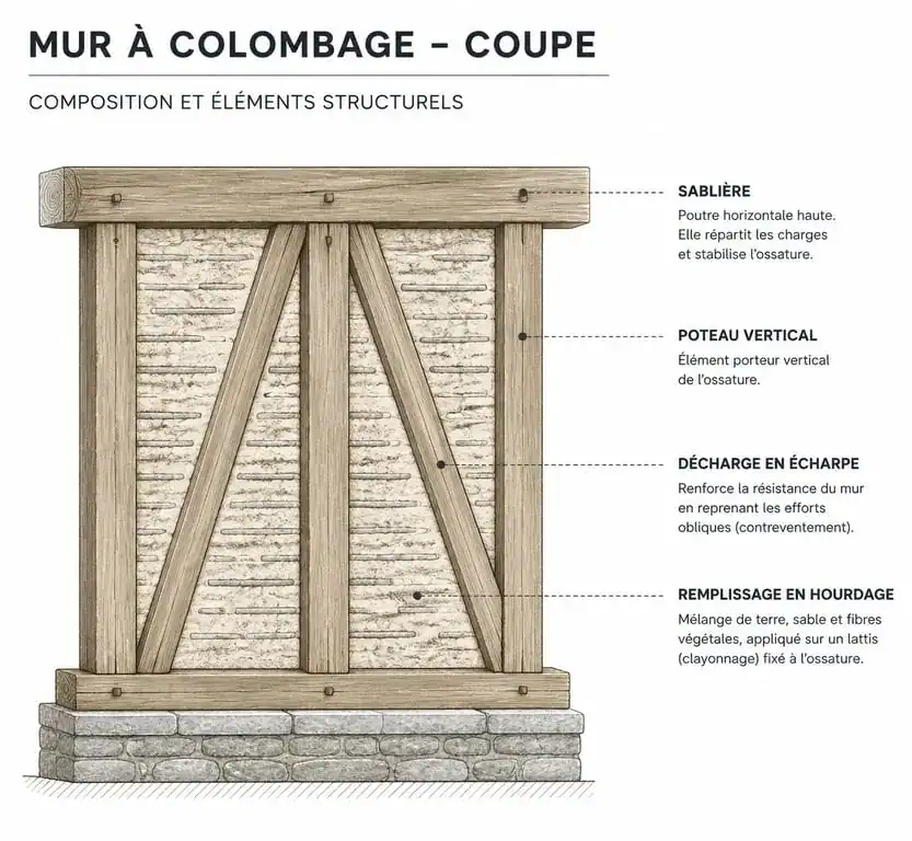 Schéma technique de la structure d'un mur à colombage avec ses composants principaux