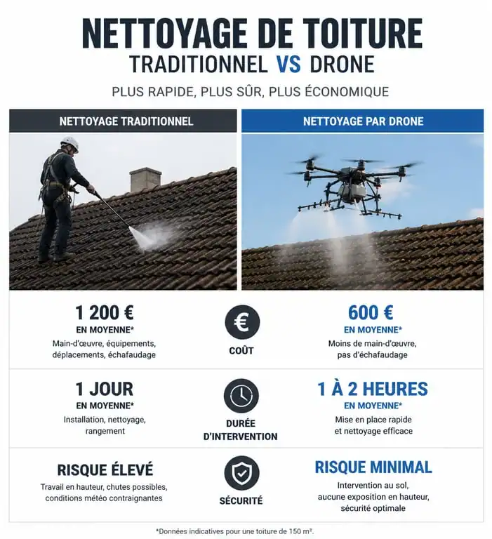 Comparatif nettoyage de toiture traditionnel vs drone