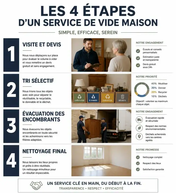Étapes d'un service de vide maison à Angers : visite, tri, évacuation et nettoyage